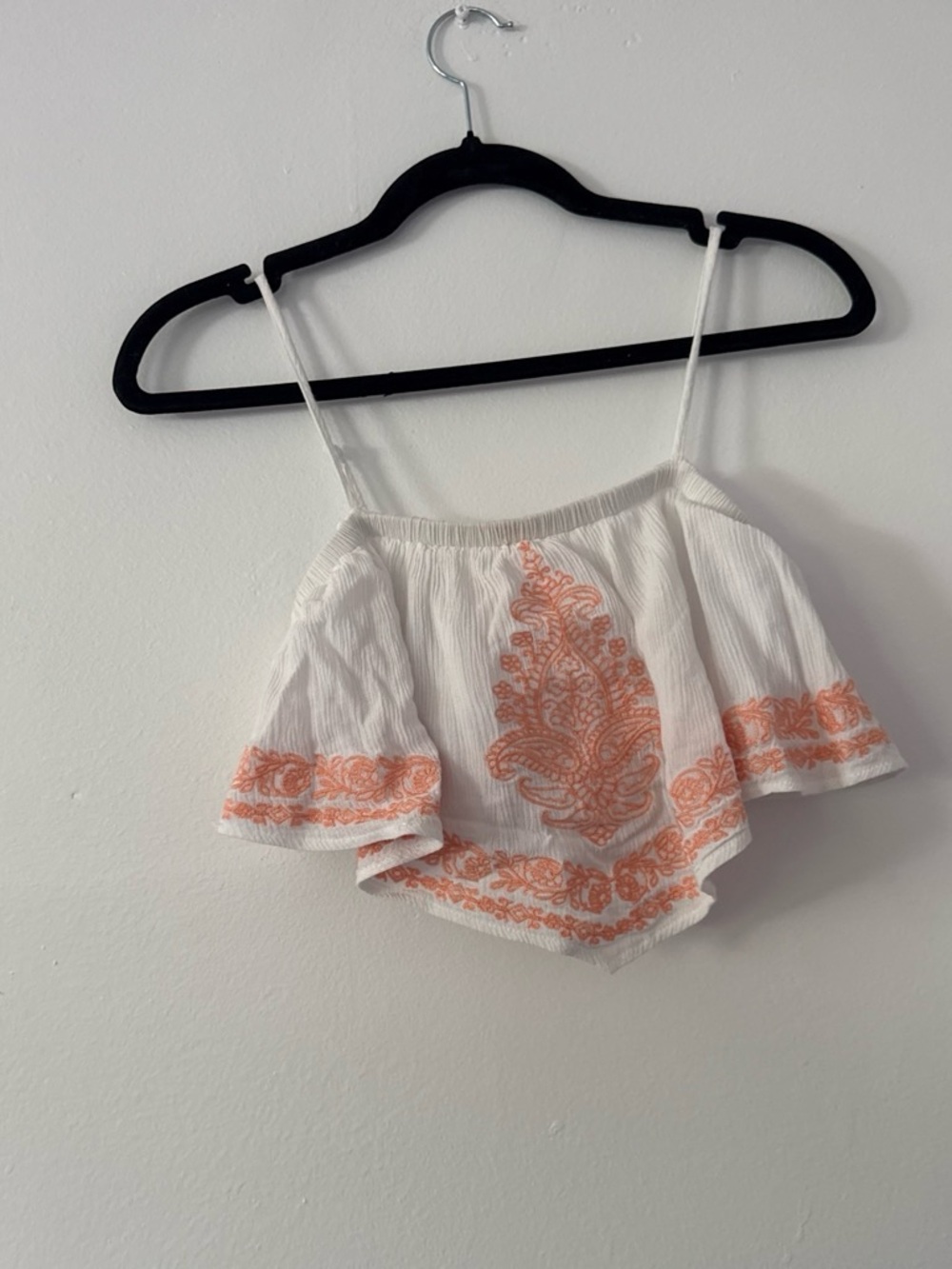 La Hearts White Spaghetti-Strap Crop Top with Orange Embroidery